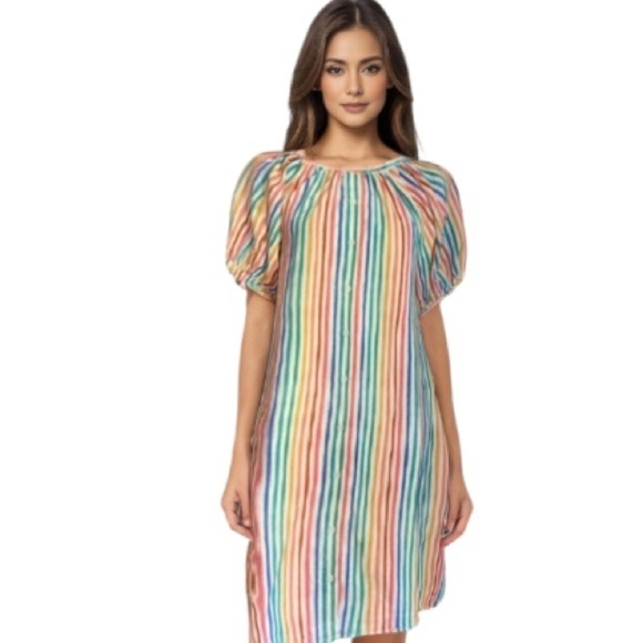 Smith & Quinn NWT Striped Dress Multicolor Stripe Puff Short Sleeve Button Front - Picture 14 of 14